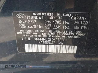 2013 Hyundai Azera with VIN KMHFH4JG6DA233205, listed as a IAAI auction lot 41643389 with 200,842 mi miles and . Bid and sale history available at carsss.com. Image 9.