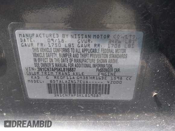 2019 Nissan Versa SV with VIN 3N1CN7AP5KL819887, listed as a IAAI auction lot 40090171 with Not provided miles and . Bid and sale history available at DreamBid. Image 9.