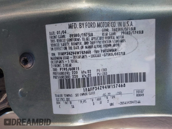 2004 Ford Focus SE with VIN 1FAFP34Z94W157468, listed as a IAAI auction lot 41311417 with Not Provided miles and . Bid and sale history available at DreamBid. Image 9.