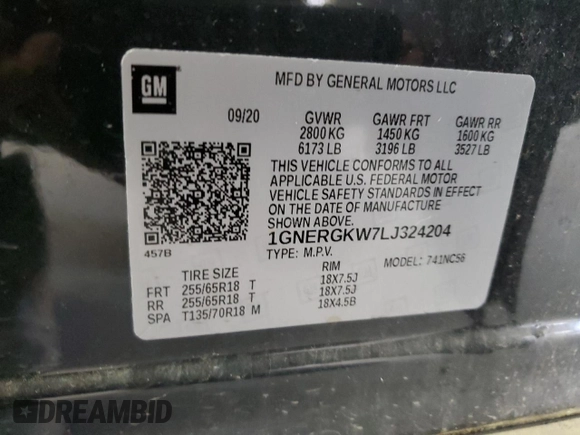 2020 Chevrolet Traverse LT Cloth with VIN 1GNERGKW7LJ324204, listed as a Copart auction lot 59526775 with 125,373 mi miles and Salvage title. Bid and sale history available at DreamBid. Image 13.
