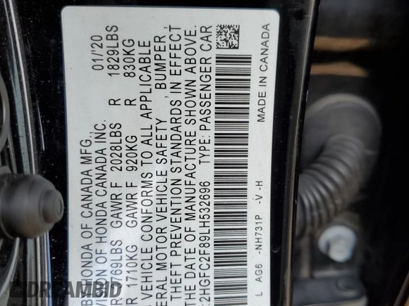 2020 Honda Civic Sedan Sport with VIN 2HGFC2F89LH532696, listed as a Copart auction lot 43869495 with 123,252 mi miles and Salvage Title. Bid and sale history available at carsss.com. Image 14.