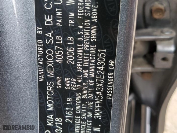 2018 Kia Forte5 SX with VIN 3KPFN5A3XJE243051, listed as a Copart auction lot 72027684 with 89,157 mi miles and Salvage Title. Bid and sale history available at carsss.com. Image 12.