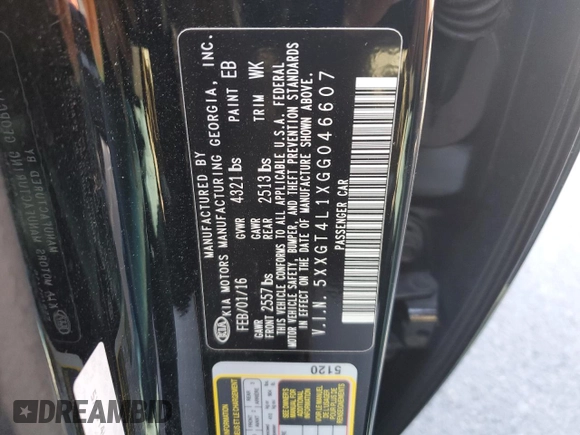 2016 Kia Optima LX Turbo with VIN 5XXGT4L1XGG046607, listed as a Copart auction lot 48039975 with 0 mi miles and Salvage Title. Bid and sale history available at carsss.com. Image 13.