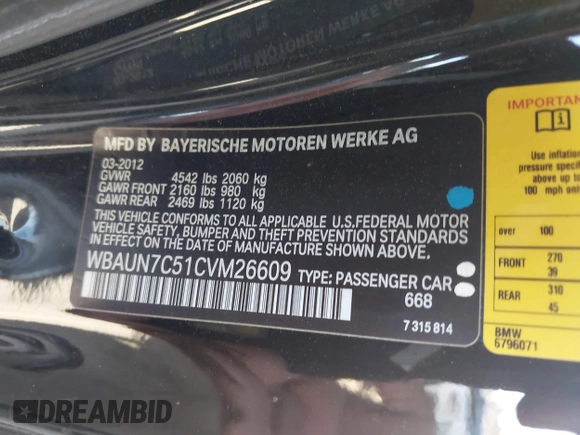2012 BMW 1 Series 135i with VIN WBAUN7C51CVM26609, listed as a IAAI auction lot 41967481 with 46,127 mi miles and . Bid and sale history available at DreamBid. Image 9.