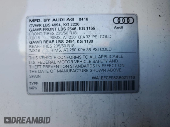 2016 Audi Q3 Premium Plus with VIN WA1EFCFS5GR021716, listed as a Copart auction lot 70576722 with 46,707 mi miles. Bid and sale history available at carsss.com. Image 13.