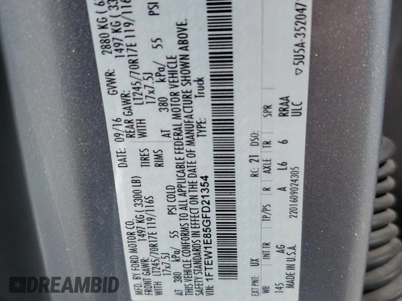 2016 Ford F-150 XLT with VIN 1FTEW1E85GFD21354, listed as a Copart auction lot 60137795 with 139,179 mi miles and Salvage title. Bid and sale history available at DreamBid. Image 13.