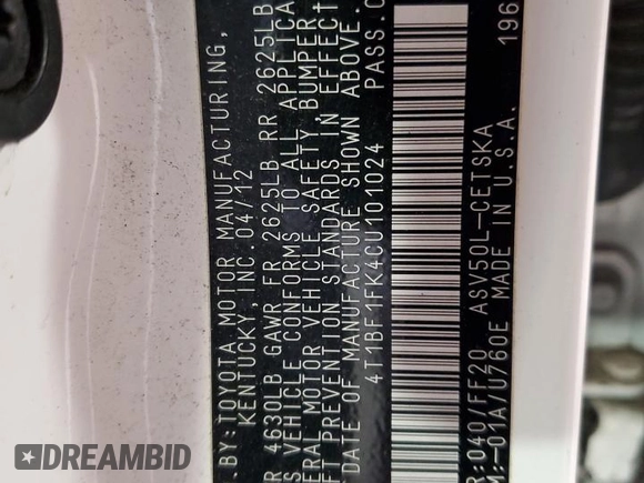 2012 Toyota Camry L with VIN 4T1BF1FK4CU101024, listed as a Copart auction lot 55959305 with 220,174 mi miles and Salvage Title. Bid and sale history available at DreamBid. Image 13.