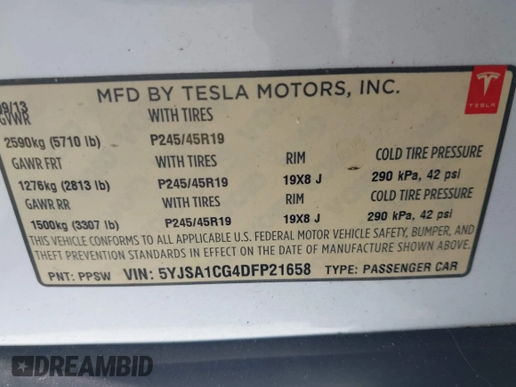 2013 Tesla Model S with VIN 5YJSA1CG4DFP21658, listed as a IAAI auction lot 42398609 with 116,068 mi miles and . Bid and sale history available at DreamBid. Image 9.