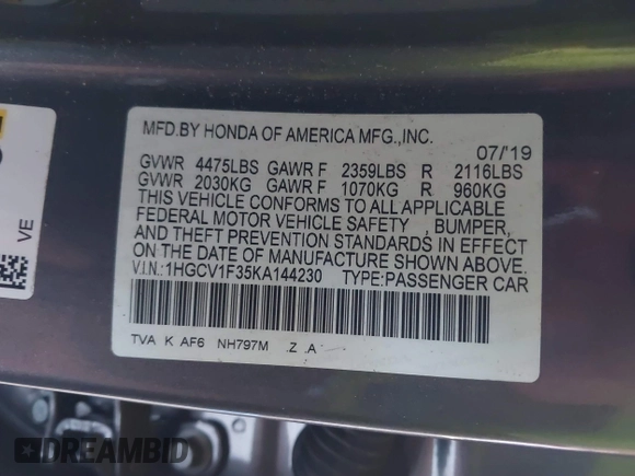 2019 Honda Accord Sedan Sport 1.5T with VIN 1HGCV1F35KA144230, listed as a IAAI auction lot 41398440 with 56,659 mi miles. Bid and sale history available at carsss.com. Image 9.