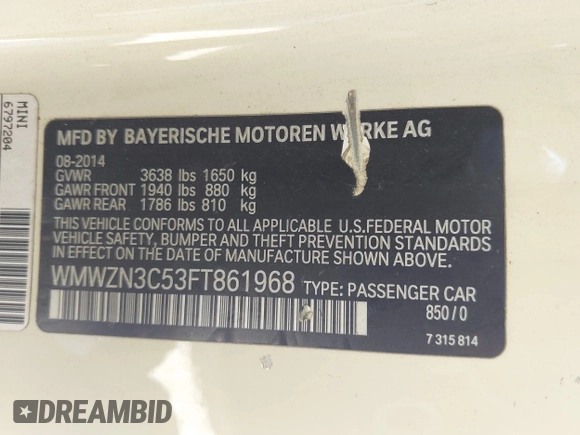 2015 MINI Convertible with VIN WMWZN3C53FT861968, listed as a IAAI auction lot 42717485 with 79,840 mi miles and . Bid and sale history available at DreamBid. Image 9.