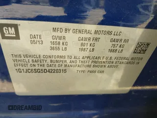 2013 Chevrolet Sonic LT with VIN 1G1JC6SG5D4220315, listed as a IAAI auction lot 41853166 with 69,970 mi miles. Bid and sale history available at carsss.com. Image 9.
