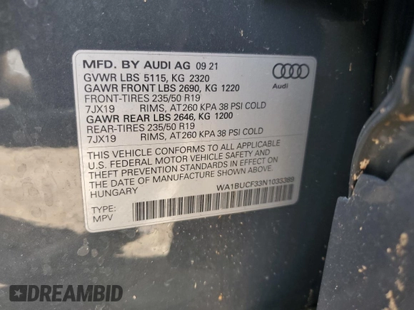 2022 Audi Q3 Premium Plus z VIN WA1BUCF33N1033389, wystawiony jako Copart lot #49833005 z przebiegiem 36 522 mil mil oraz Szkoda całkowita • Salvage title. Historia ofert i sprzedaży dostępna na DreamBid. Obrazek 15.
