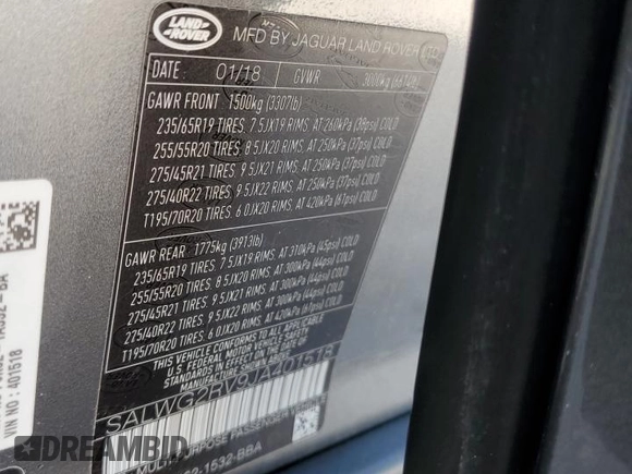 2018 Land Rover Range Rover Sport SE with VIN SALWG2RV9JA401518, listed as a Copart auction lot 63815925 with 95,727 mi miles and Clean title. Bid and sale history available at DreamBid. Image 13.