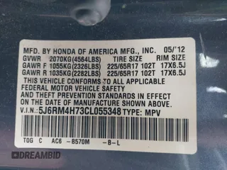 2012 Honda CR-V EX-L with VIN 5J6RM4H73CL055348, listed as a IAAI auction lot 42483959 with 150,097 mi miles and . Bid and sale history available at DreamBid. Image 9.