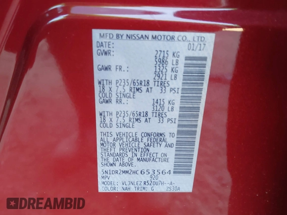 2017 Nissan Pathfinder SV with VIN 5N1DR2MM2HC653564, listed as a IAAI auction lot 40939356 with 176,168 mi miles. Bid and sale history available at carsss.com. Image 9.