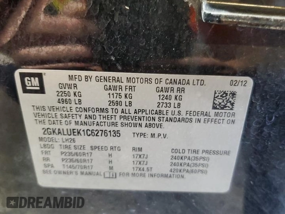 2012 GMC Terrain SLT-1 with VIN 2GKALUEK1C6276135, listed as a Copart auction lot 61547295 with 160,845 mi miles and Salvage title. Bid and sale history available at DreamBid. Image 13.