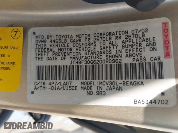 2002 Lexus ES 300 with VIN JTHBF30G620080962, listed as a IAAI auction lot 42013947 with 192,509 mi miles and . Bid and sale history available at DreamBid. Image 9.