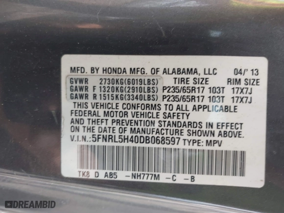 2013 Honda Odyssey EX with VIN 5FNRL5H40DB068597, listed as a IAAI auction lot 41910524 with 164,991 mi miles. Bid and sale history available at carsss.com. Image 9.