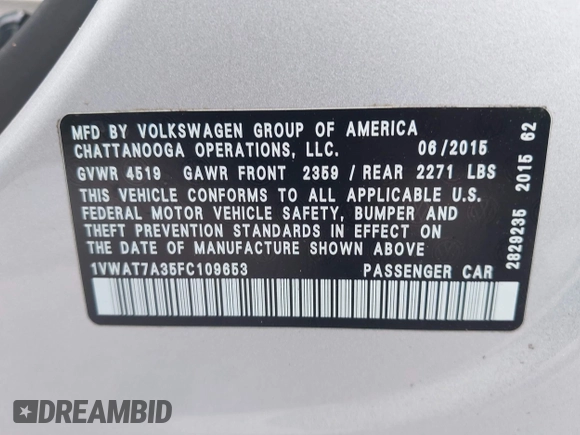 2015 Volkswagen Passat 1.8T Limited Edition with VIN 1VWAT7A35FC109653, listed as a IAAI auction lot 41917568 with 118,912 mi miles. Bid and sale history available at carsss.com. Image 9.