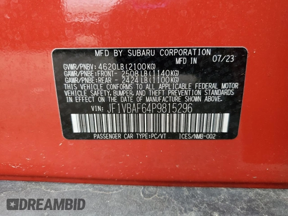 2023 Subaru WRX Premium z VIN JF1VBAF64P9815296, wystawiony jako Copart lot #56977025 z przebiegiem 35 231 mil mil oraz Szkoda całkowita • Salvage title. Historia ofert i sprzedaży dostępna na DreamBid. Obrazek 12.