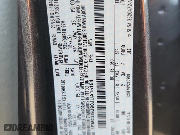 2018 Ford Escape Titanium with VIN 1FMCU9J90JUA15154, listed as a Copart auction lot 59768415 with 93,810 mi miles and Salvage title. Bid and sale history available at DreamBid. Image 13.