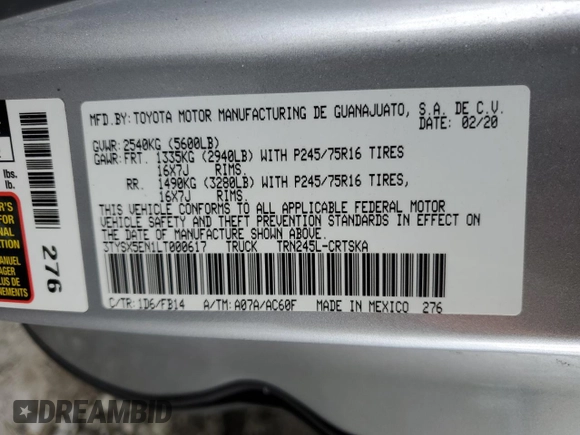 2020 Toyota Tacoma SR z VIN 3TYSX5EN1LT000617, wystawiony jako Copart lot #55799205 z przebiegiem 51 584 mil mil oraz Szkoda całkowita • Salvage title. Historia ofert i sprzedaży dostępna na DreamBid. Obrazek 12.