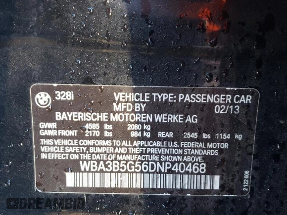 2013 BMW 3 Series 328i xDrive with VIN WBA3B5G56DNP40468, listed as a Copart auction lot 46637105 with 95,476 mi miles and Clean Title. Bid and sale history available at carsss.com. Image 12.