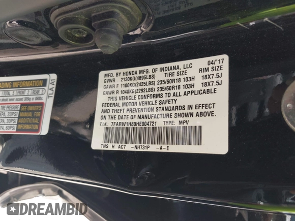 2017 Honda CR-V EX-L with VIN 7FARW1H80HE004721, listed as a IAAI auction lot 42063324 with 33,226 mi miles. Bid and sale history available at carsss.com. Image 9.