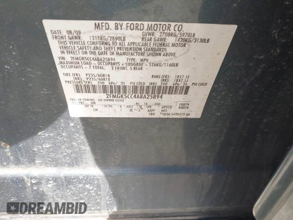 2010 Ford Flex SEL with VIN 2FMGK5CC4ABA25894, listed as a IAAI auction lot 41796353 with 106,888 mi miles. Bid and sale history available at carsss.com. Image 9.