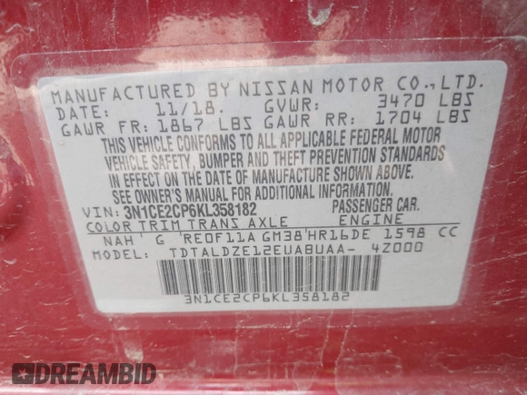 2019 Nissan Note SV with VIN 3N1CE2CP6KL358182, listed as a IAAI auction lot 42095019 with 105,550 mi miles and . Bid and sale history available at DreamBid. Image 9.