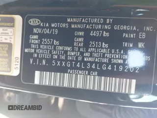 2020 Kia Optima LX with VIN 5XXGT4L34LG419202, listed as a IAAI auction lot 41380609 with 84,554 mi miles. Bid and sale history available at carsss.com. Image 9.