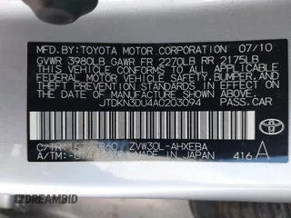 2010 Toyota Prius II with VIN JTDKN3DU4A0203094, listed as a IAAI auction lot 41742101 with 201,607 mi miles. Bid and sale history available at carsss.com. Image 9.