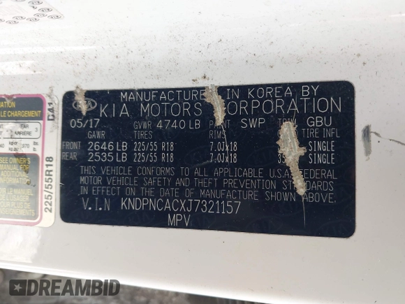 2018 Kia Sportage EX with VIN KNDPNCACXJ7321157, listed as a IAAI auction lot 41918274 with 157,813 mi miles and . Bid and sale history available at carsss.com. Image 9.