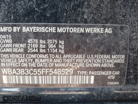 2015 BMW 3 Series 328i xDrive with VIN WBA3B3C55FF548529, listed as a IAAI auction lot 42217950 with 173,265 mi miles and . Bid and sale history available at DreamBid. Image 9.
