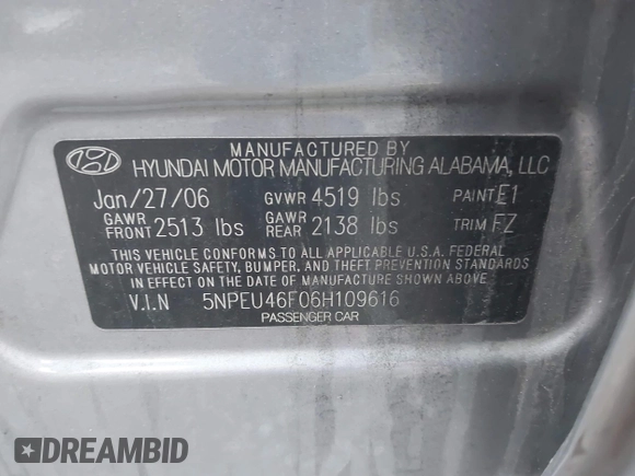 2006 Hyundai Sonata GLS with VIN 5NPEU46F06H109616, listed as a IAAI auction lot 42128198 with 154,760 mi miles and . Bid and sale history available at DreamBid. Image 9.