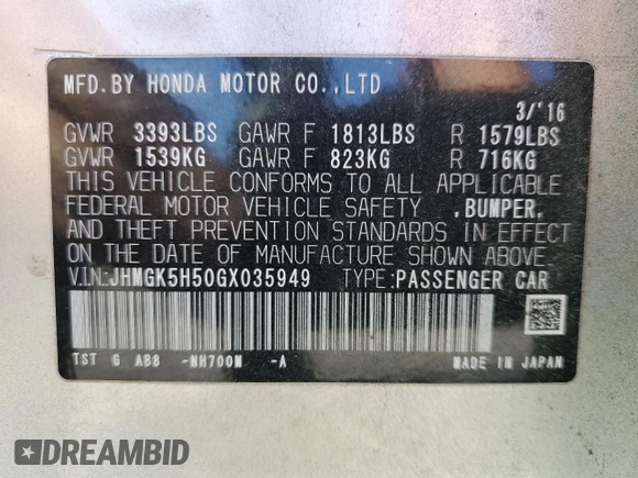 2016 Honda Fit LX z VIN JHMGK5H50GX035949, wystawiony jako Copart lot #52251375 z przebiegiem 112 768 mil mil oraz Szkoda całkowita • Salvage title. Historia ofert i sprzedaży dostępna na DreamBid. Obrazek 12.