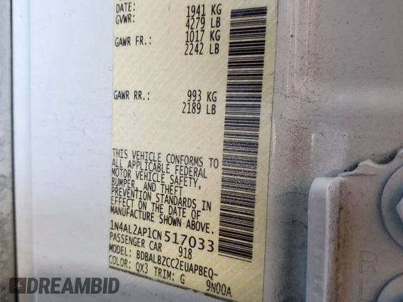 2012 Nissan Altima S with VIN 1N4AL2AP1CN517033, listed as a Copart auction lot 45400565 with 153,230 mi miles and Salvage Title. Bid and sale history available at DreamBid. Image 12.