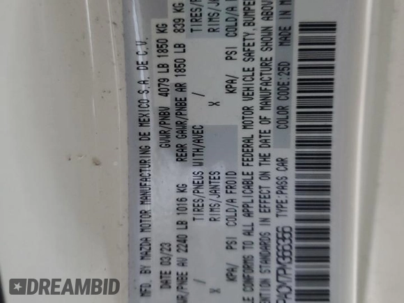 2023 Mazda 3 S Preferred with VIN 3MZBPACM7PM366356, listed as a Copart auction lot 46343355 with 14,734 mi miles and Salvage Title. Bid and sale history available at DreamBid. Image 14.