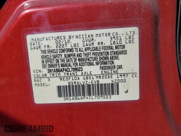 2012 Nissan Sentra S with VIN 3N1AB6AP4CL709523, listed as a Copart auction lot 60631815 with 111,759 mi miles and Salvage title. Bid and sale history available at DreamBid. Image 12.