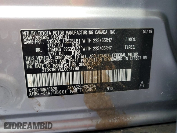 2020 Toyota RAV4 LE with VIN 2T3K1RFVXLC034798, listed as a Copart auction lot 59742644 with 42,011 mi miles and Clean Title. Bid and sale history available at DreamBid. Image 14.
