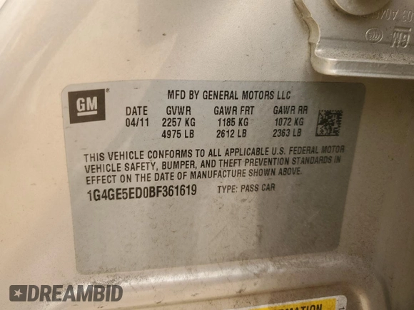 2011 Buick LaCrosse CXS with VIN 1G4GE5ED0BF361619, listed as a Copart auction lot 49207845 with 104,364 mi miles and Salvage Title. Bid and sale history available at carsss.com. Image 13.