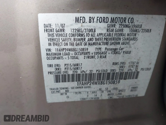 2008 Ford Taurus SEL z VIN 1FAHP24WX8G150859, wystawiony jako IAAI lot #42367646 z przebiegiem 176 656 mil mil oraz . Historia ofert i sprzedaży dostępna na DreamBid. Obrazek 9.