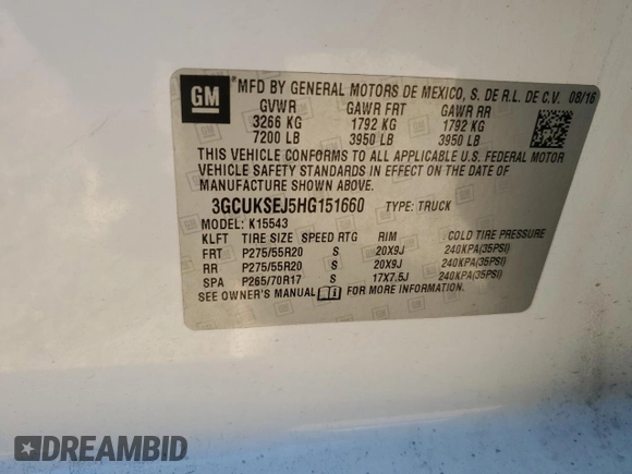2017 Chevrolet Silverado 1500 LTZ with VIN 3GCUKSEJ5HG151660, listed as a Copart auction lot 45924435 with 136,520 mi miles and Salvage Title. Bid and sale history available at DreamBid. Image 14.