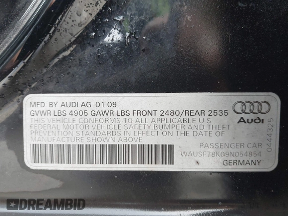 2009 Audi A4 2.0T Prem Plus with VIN WAUSF78K09N054854, listed as a IAAI auction lot 41594015 with 127,884 mi miles. Bid and sale history available at carsss.com. Image 9.