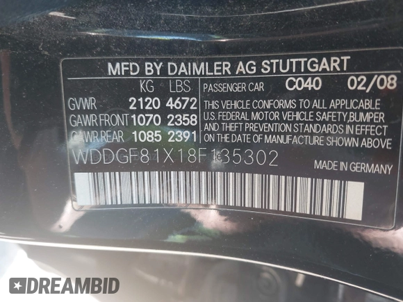 2008 Mercedes-Benz C 300 Sport with VIN WDDGF81X18F135302, listed as a IAAI auction lot 42309428 with 155,519 mi miles and . Bid and sale history available at DreamBid. Image 9.