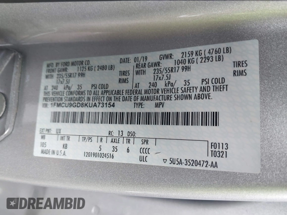 2019 Ford Escape SE z VIN 1FMCU9GD8KUA73154, wystawiony jako IAAI lot #42258644 z przebiegiem 37 090 mil mil oraz . Historia ofert i sprzedaży dostępna na DreamBid. Obrazek 9.