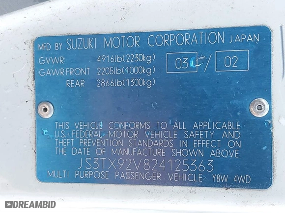 2002 Suzuki XL-7 Standard with VIN JS3TX92V824125363, listed as a IAAI auction lot 41221270 with 190,034 mi miles. Bid and sale history available at carsss.com. Image 9.