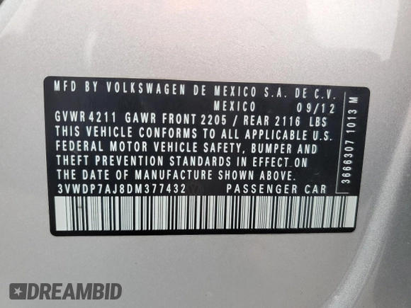 2013 Volkswagen Jetta SE z VIN 3VWDP7AJ8DM377432, wystawiony jako Copart lot #60154025 z przebiegiem 117 757 mil mil oraz Szkoda całkowita • Salvage title. Historia ofert i sprzedaży dostępna na DreamBid. Obrazek 12.