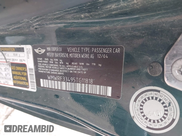 2005 MINI Convertible with VIN WMWRF33495TG11818, listed as a IAAI auction lot 42351446 with 100,033 mi miles and . Bid and sale history available at DreamBid. Image 9.