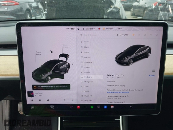 2018 Tesla Model 3 Long Range Battery with VIN 5YJ3E1EA7JF012249, listed as a IAAI auction lot 41782972 with 103,412 mi miles. Bid and sale history available at carsss.com. Image 7.